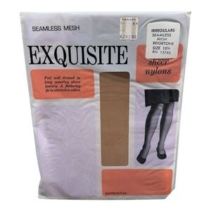 Exquisite Stockings Seamless Nylon Mesh Beigetone Size 10 1/2 Irregulars 32”